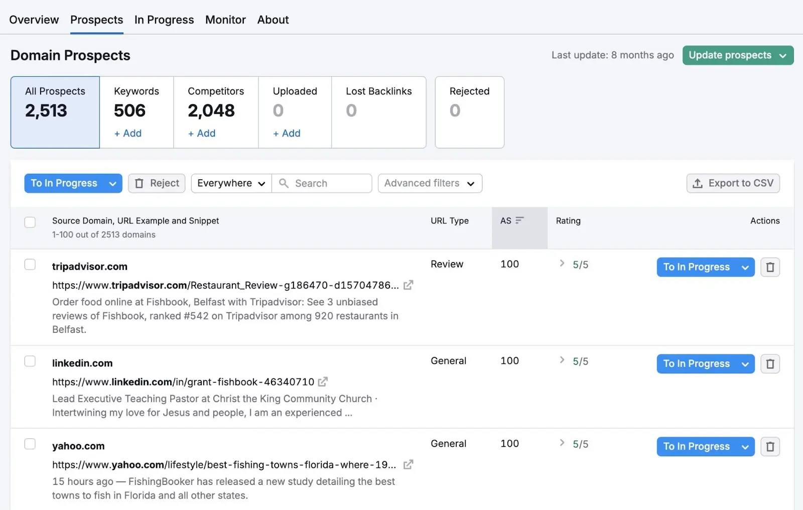 The "Prospects" tab on the Link Building tool showing a list of prospects along with URL type, authority score, and a rating for each.